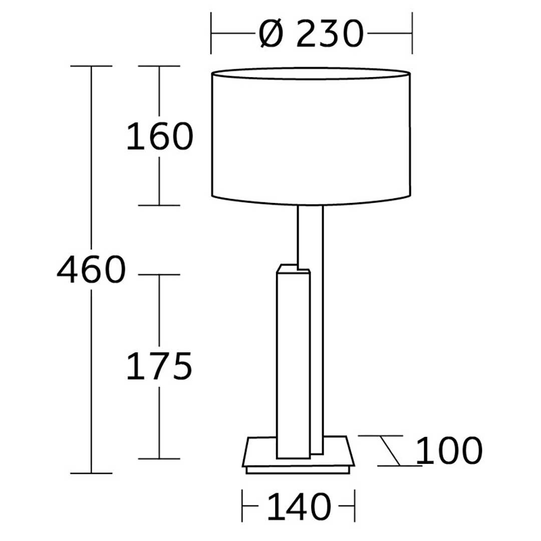 Technische Zeichnung einer Tischleuchte mit zylindrischem Lampenschirm, Gesamtmaße: Höhe 460 mm, Schirmdurchmesser 230 mm, Seitenansicht.