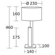 Technische Zeichnung einer Tischleuchte mit zylindrischem Lampenschirm, Gesamtmaße: Höhe 460 mm, Schirmdurchmesser 230 mm, Seitenansicht.
