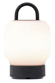 Tragbare Lampe mit anthrazitfarbenem Sockel und Griff, frontal abgebildet