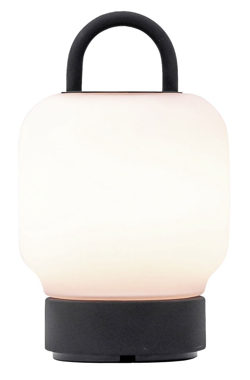 Tragbare Lampe mit anthrazitfarbenem Sockel und Griff, frontal abgebildet