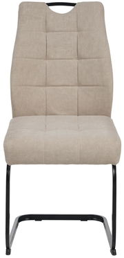 Frontansicht eines beigen Schwingstuhls mit schwarzem Metallgestell und gepolsterter Sitzfläche.