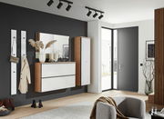 Modernes Garderoben-Set in einem stilvollen Eingangsbereich mit hängendem Schrank, Spiegel und Dekorationen, seitliche Perspektive.