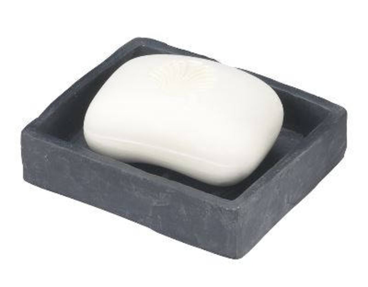 Seifenablage aus Schiefergestein mit rechteckiger Form, darauf liegt ein Stück weiße Seife. Ansicht von oben.