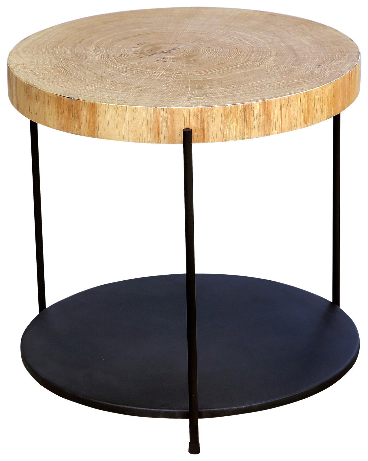 Runder Beistelltisch aus Holz mit schwarzem Metallgestell, seitliche Perspektive