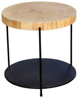 Runder Beistelltisch aus Holz mit schwarzem Metallgestell, seitliche Perspektive
