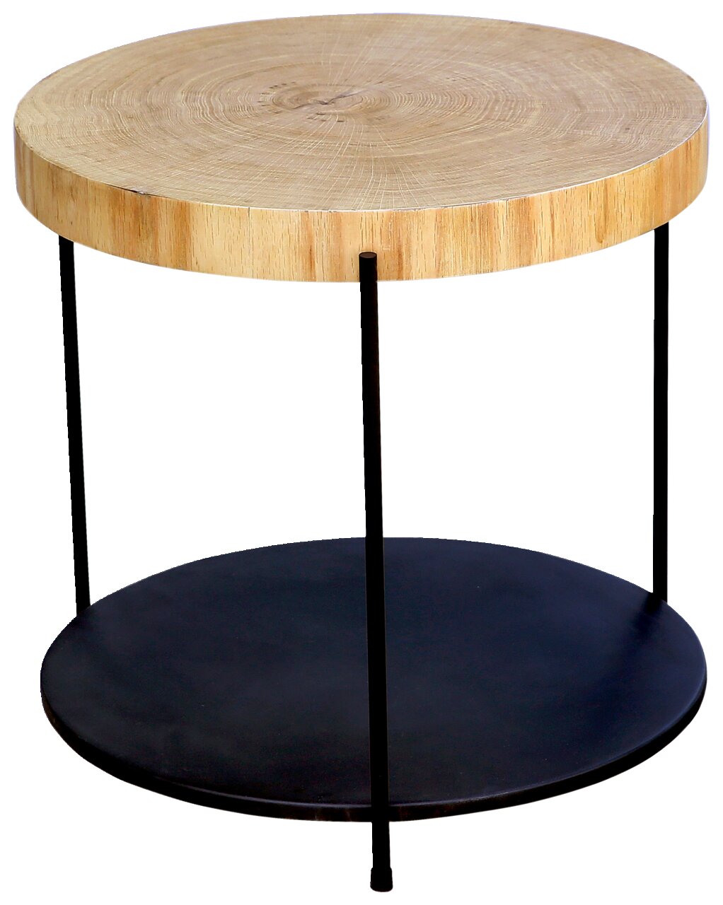 Runder Beistelltisch aus Holz mit schwarzem Metallgestell, seitliche Perspektive