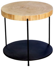 Runder Beistelltisch aus Holz mit schwarzem Metallgestell, seitliche Perspektive
