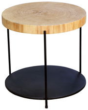 Runder Beistelltisch aus Holz mit schwarzem Metallgestell, seitliche Perspektive