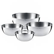 Vierteilige Küchenschüssel-Set aus Edelstahl, von oben betrachtet.