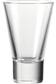 Ein transparenter, konisch geformter Glasbecher, frontal fotografiert.