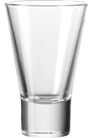 Ein transparenter, konisch geformter Glasbecher, frontal fotografiert.