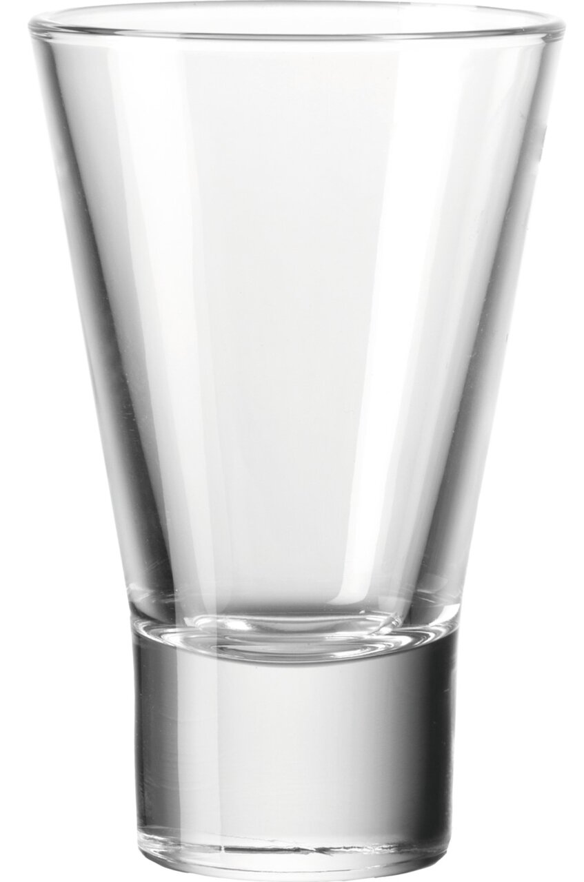 Ein transparenter, konisch geformter Glasbecher, frontal fotografiert.