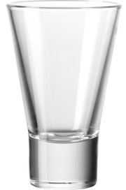 Ein transparenter, konisch geformter Glasbecher, frontal fotografiert.