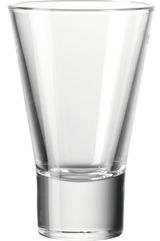 Ein transparenter, konisch geformter Glasbecher, frontal fotografiert.