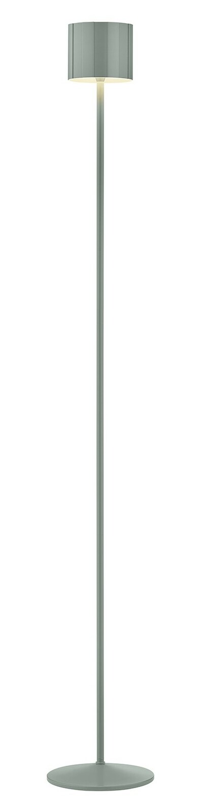 Moderne Akku-Stehleuchte in Grau, frontal abgebildet, mit schlankem Design und rundem Lampenschirm.