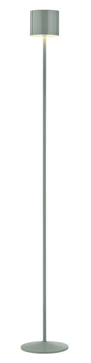 Moderne Akku-Stehleuchte in Grau, frontal abgebildet, mit schlankem Design und rundem Lampenschirm.