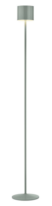 Moderne Akku-Stehleuchte in Grau, frontal abgebildet, mit schlankem Design und rundem Lampenschirm.