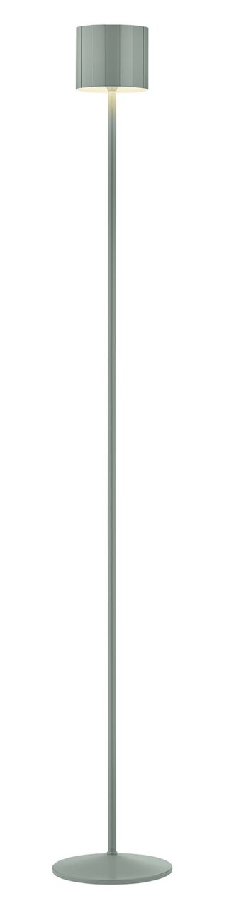Moderne Akku-Stehleuchte in Grau, frontal abgebildet, mit schlankem Design und rundem Lampenschirm.