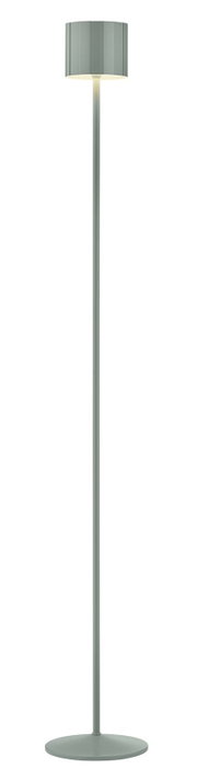 Moderne Akku-Stehleuchte in Grau, frontal abgebildet, mit schlankem Design und rundem Lampenschirm.