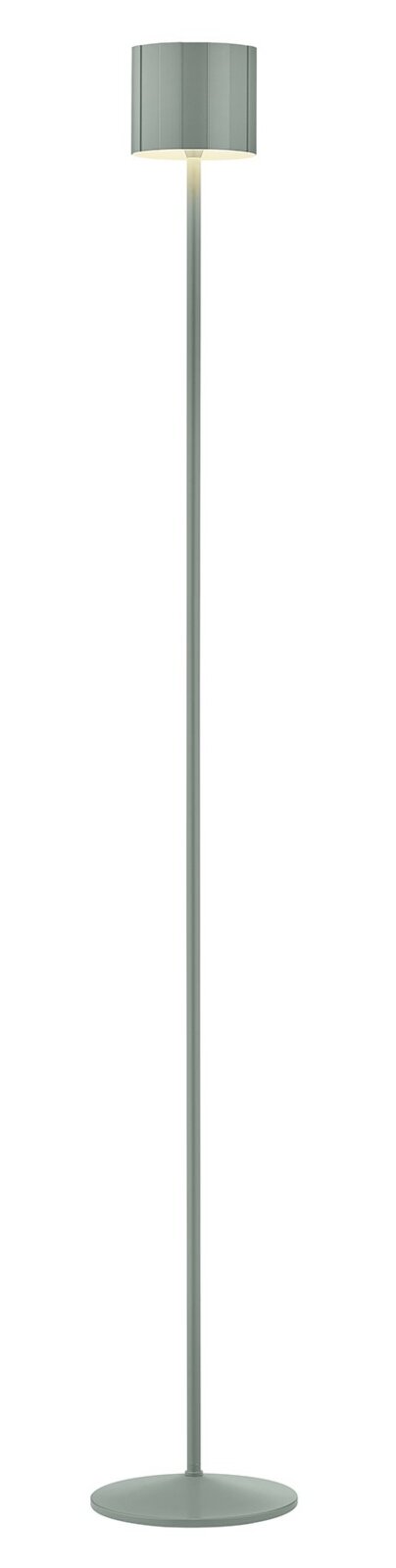 Moderne Akku-Stehleuchte in Grau, frontal abgebildet, mit schlankem Design und rundem Lampenschirm.