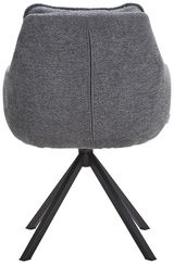 Rückansicht eines grauen Armlehnstuhls mit schwarzem Metallgestell.