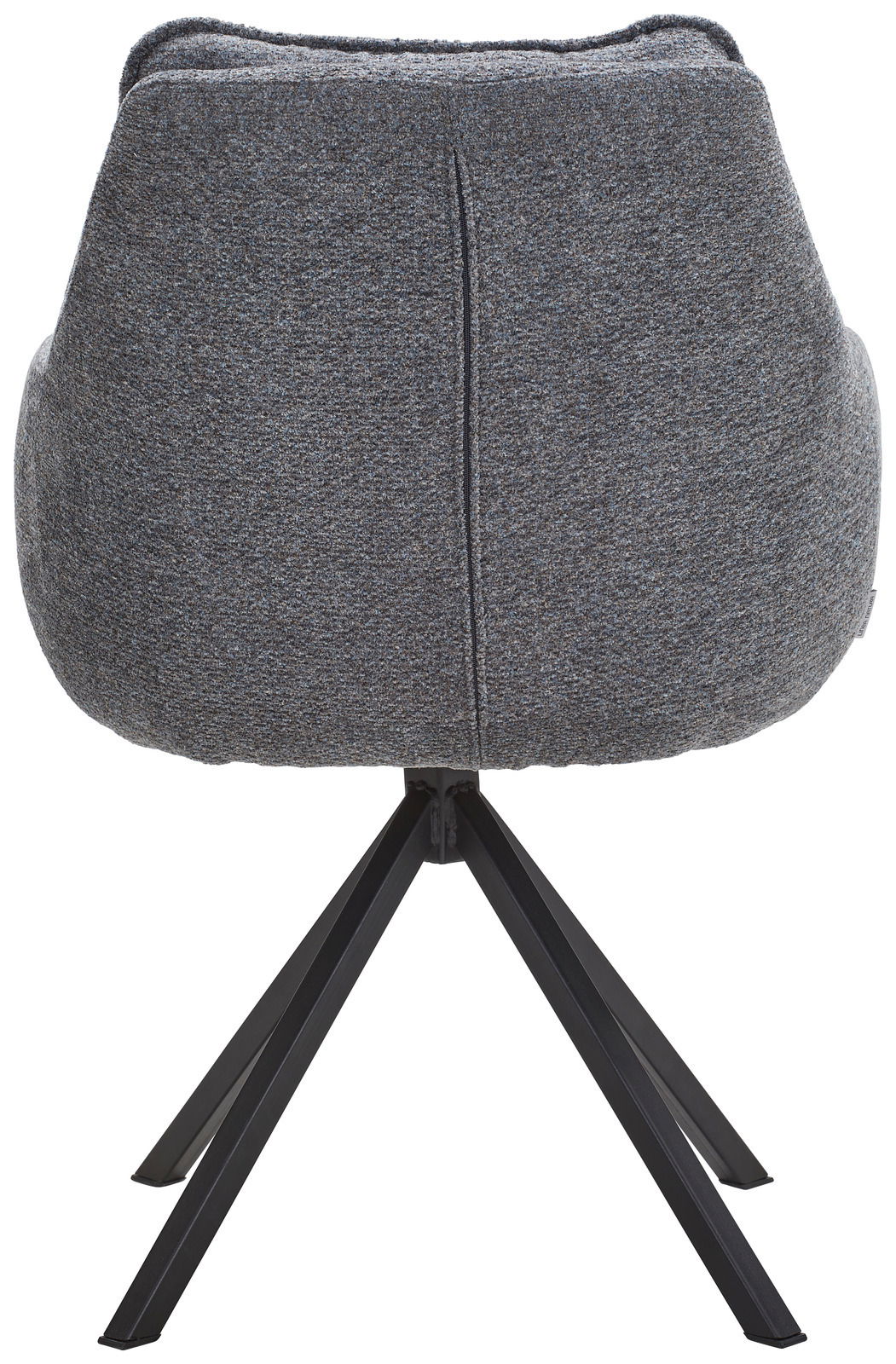 Rückansicht eines grauen Armlehnstuhls mit schwarzem Metallgestell.