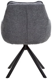 Rückansicht eines grauen Armlehnstuhls mit schwarzem Metallgestell.