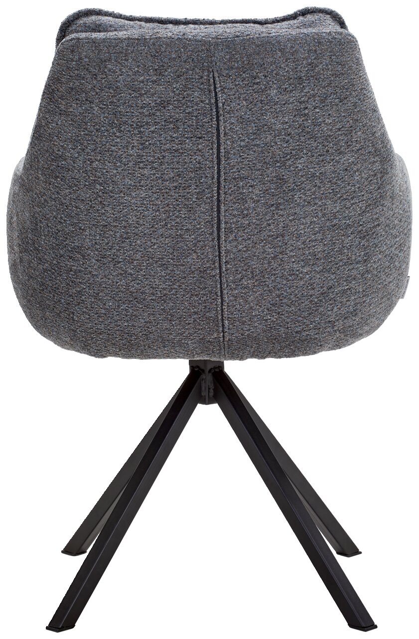 Rückansicht eines grauen Armlehnstuhls mit schwarzem Metallgestell.