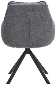 Rückansicht eines grauen Armlehnstuhls mit schwarzem Metallgestell.