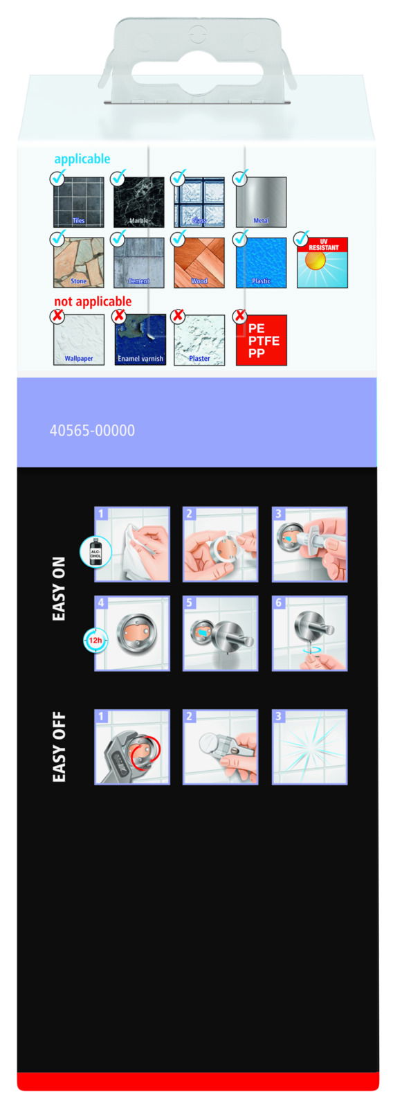 Verpackung des tesa MOON BLACK Seifenspenders mit Anleitungen zur einfachen Montage und Demontage, geeignet für verschiedene Oberflächen wie Fliesen und Metall. Vorderansicht.