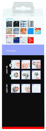 Verpackung des tesa MOON BLACK Seifenspenders mit Anleitungen zur einfachen Montage und Demontage, geeignet für verschiedene Oberflächen wie Fliesen und Metall. Vorderansicht.