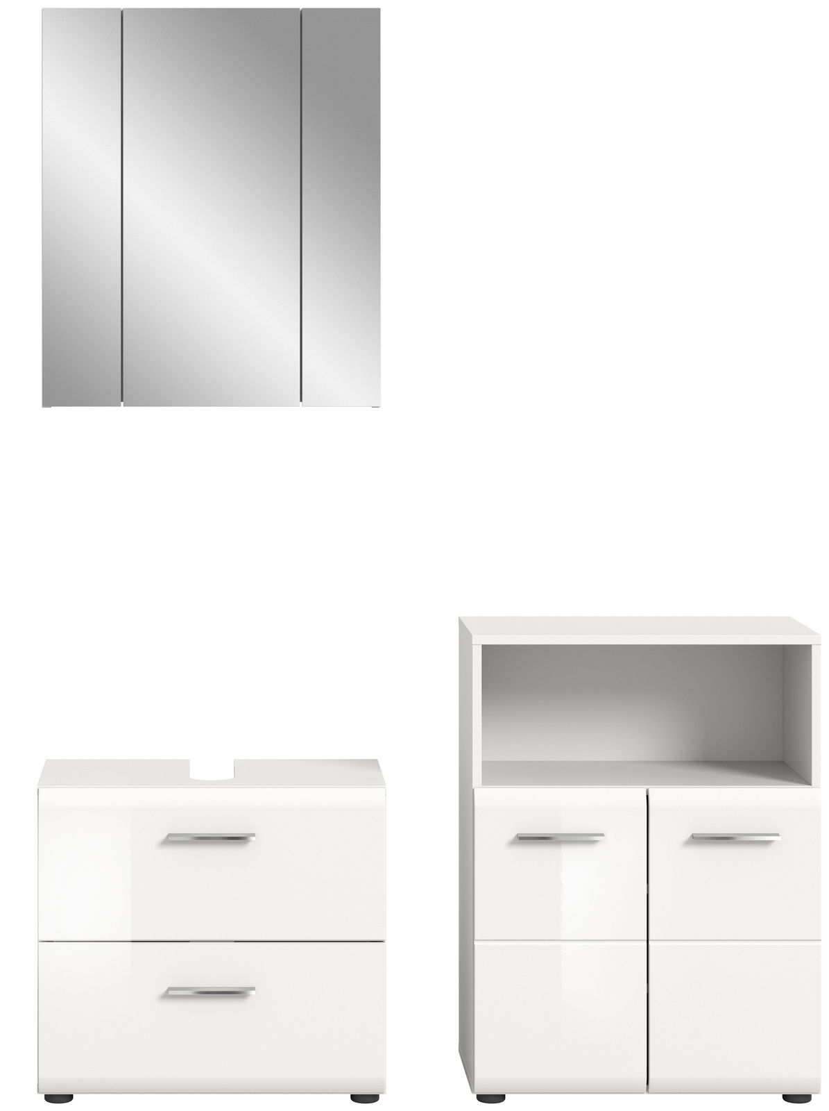 Frontale Ansicht einer modernen Badkombination mit einem dreiteiligen Spiegelschrank, einem Waschbeckenunterschrank mit zwei Schubladen und einem Hochschrank mit offenen und geschlossenen Fächern, alle in glänzendem Weiß.
