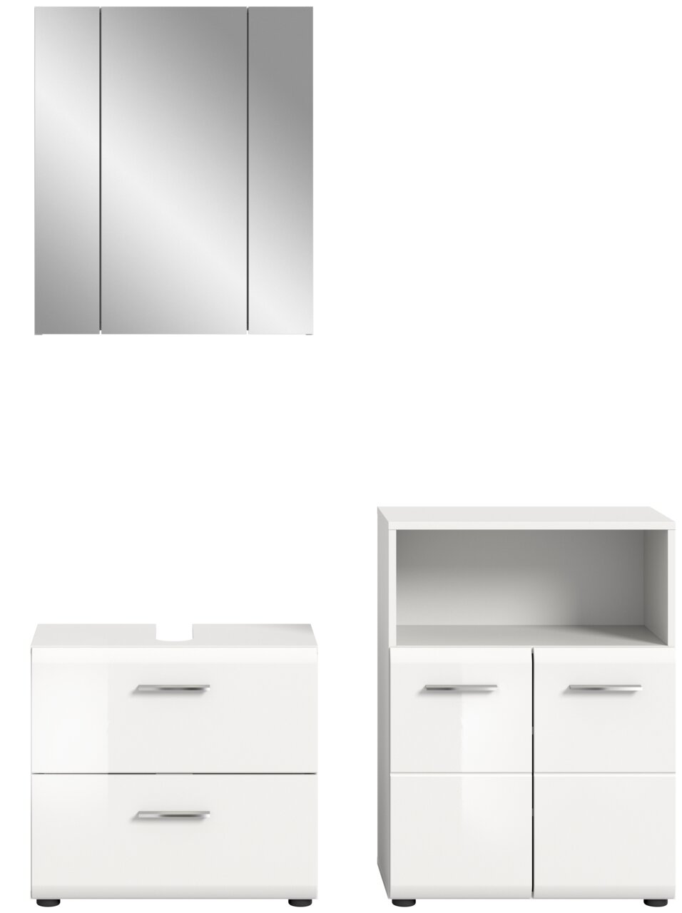 Frontale Ansicht einer modernen Badkombination mit einem dreiteiligen Spiegelschrank, einem Waschbeckenunterschrank mit zwei Schubladen und einem Hochschrank mit offenen und geschlossenen Fächern, alle in glänzendem Weiß.