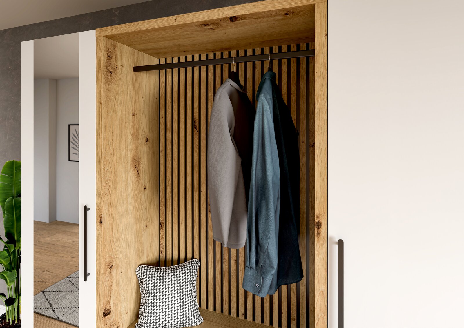 Kompaktgarderobe aus Holz mit zwei aufgehängten Hemden und einem Kissen, frontal betrachtet.