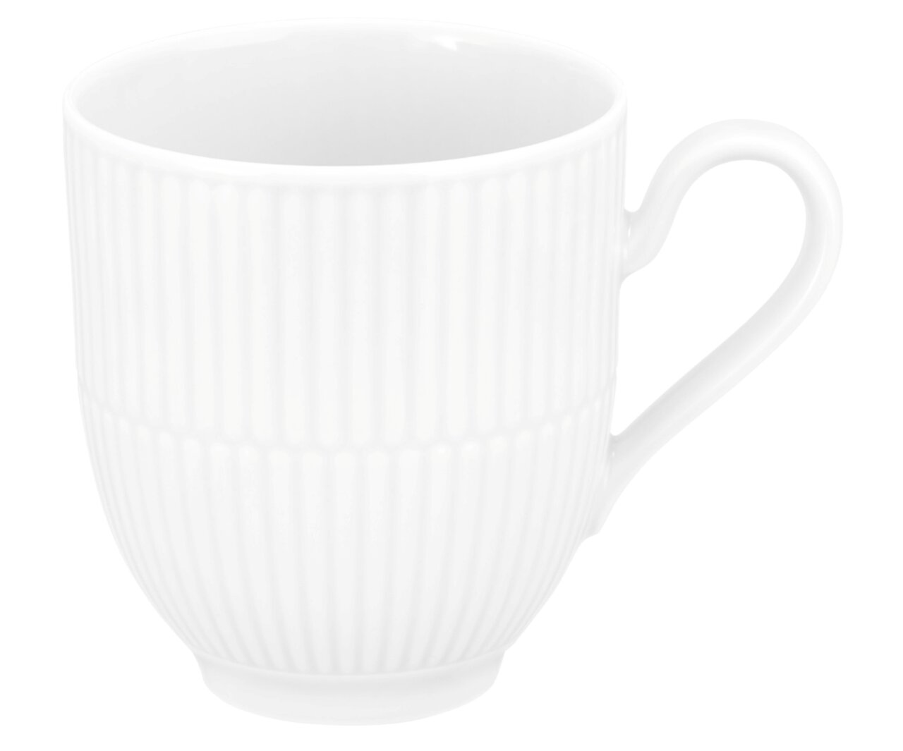Weißer Becher mit Henkel, geriffelte Oberfläche, seitliche Perspektive