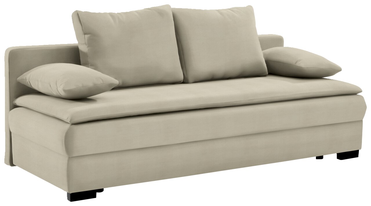 Beige functionele bank met twee grote rugkussens en twee armleuningkussens, zijaanzicht