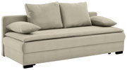 Beige functionele bank met twee grote rugkussens en twee armleuningkussens, zijaanzicht