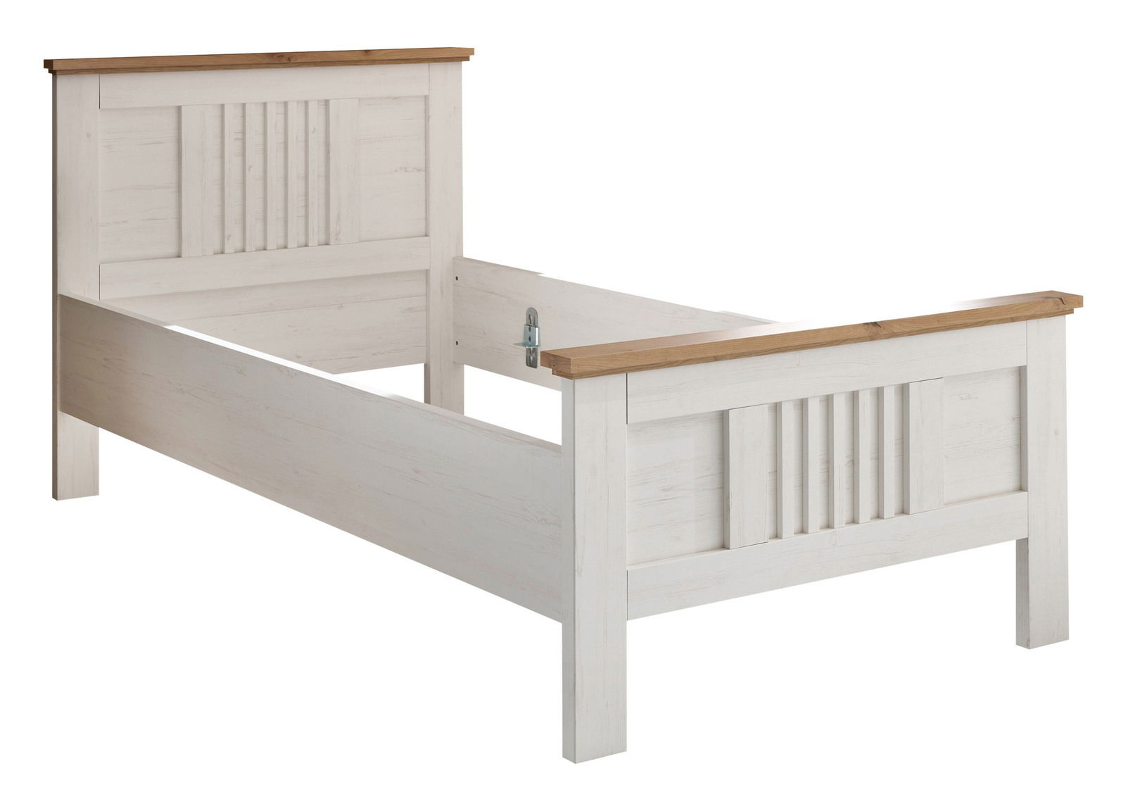 Weißes Holzbett mit natürlicher Holzoberfläche, seitliche Perspektive