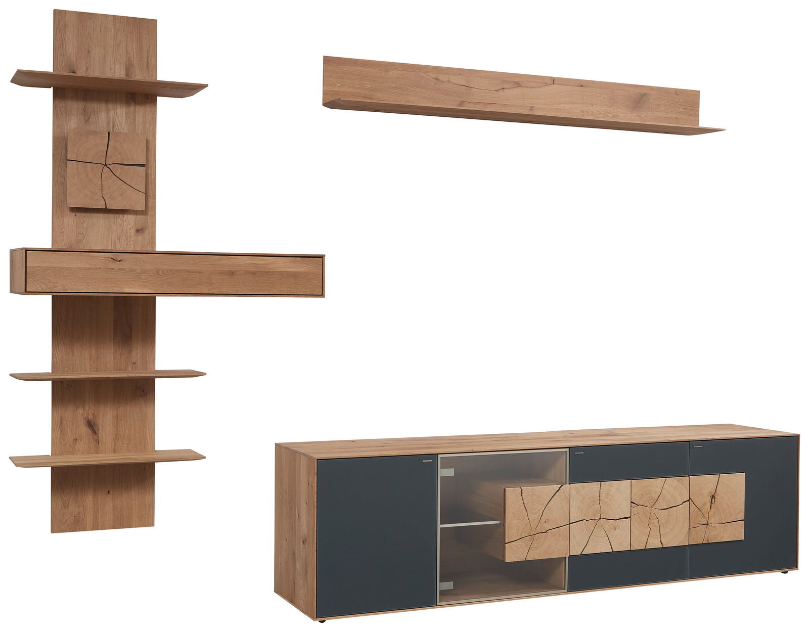 Valnatura Wandkombination LAGO Moderne Wandkombination Valnatura LAGO in Holzoptik mit mehreren Regalen und Schränken, seitliche Perspektive