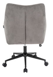 Rückansicht eines grauen Drehstuhls mit geripptem Stoffbezug und schwarzem Fußgestell auf Rollen.