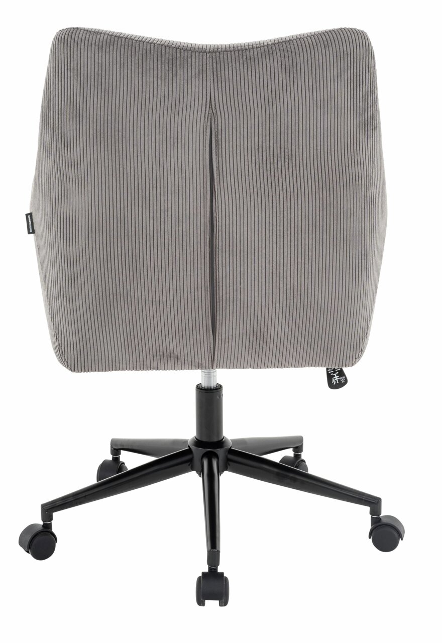 Achterkant van een grijze draaistoel met geribbelde stoffen bekleding en een zwart onderstel op wieltjes.