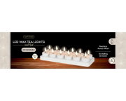 Lumineo set van 12 oplaadbare witte LED-waxinelichtjes met realistisch vlameffect, 6-uurs timer en laadstation, schuin van voren weergegeven