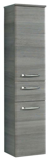 Grauer Midischrank mit Holzmaserung und drei Schubladen, Frontansicht