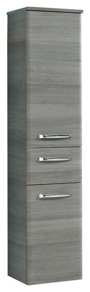 Grauer Midischrank mit Holzmaserung und drei Schubladen, Frontansicht