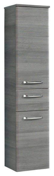 Grauer Midischrank mit Holzmaserung und drei Schubladen, Frontansicht