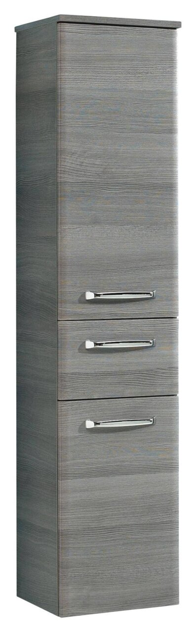 Grauer Midischrank mit Holzmaserung und drei Schubladen, Frontansicht