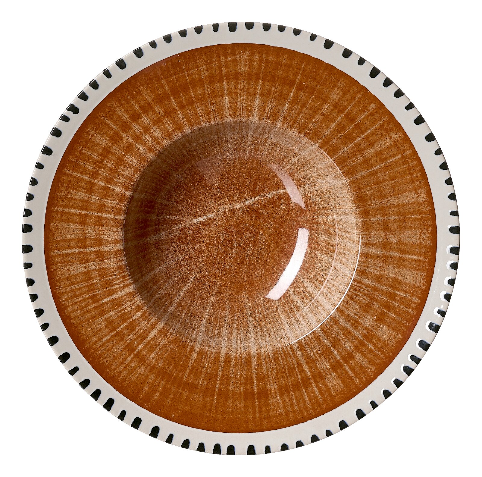 Ronde keramische schaal in warm oranjebruin met een wit stralenpatroon en een wit-zwarte decoratieve rand, van bovenaf gezien