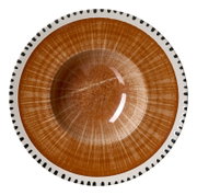 Ronde keramische schaal in warm oranjebruin met een wit stralenpatroon en een wit-zwarte decoratieve rand, van bovenaf gezien