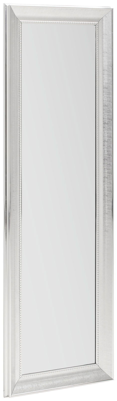 Rechteckiger Wandspiegel mit silbernem Rahmen, perspektivisch von der Seite gezeigt.