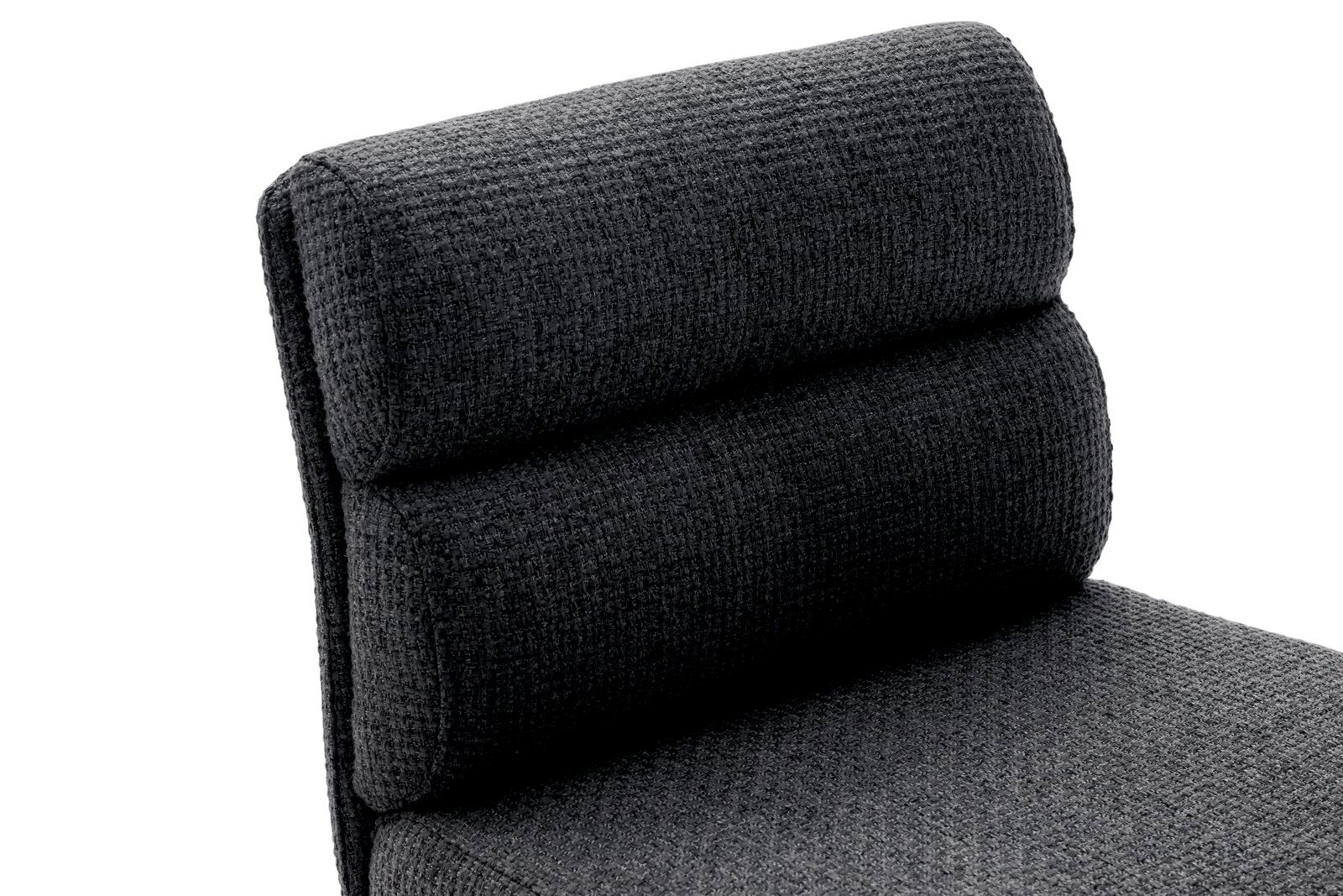 Nahaufnahme eines dunkelgrauen Barstuhls mit gepolsterter Rückenlehne in seitlicher Perspektive.